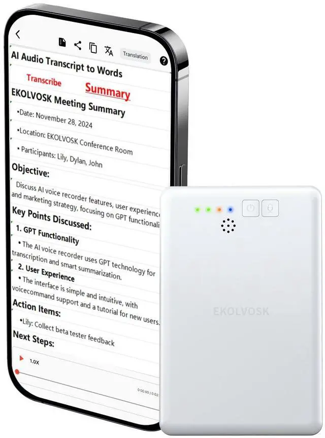 Main image of AI Voice Recorder,Transcribe & Summarize Empowered by GPT & DeepSeek,APP Control,4G File Transfer,3600 Mins of Cloud Storage,Support 88 Languages,Audio Recorder for Meetings,Lectures,Calls,Silver