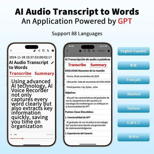 Alt view image 2 of 6 - AI Voice Recorder,Transcribe & Summarize Empowered by GPT & DeepSeek,APP Control,4G File Transfer,3600 Mins of Cloud Storage,Support 88 Languages,Audio Recorder for Meetings,Lectures,Calls,Silver