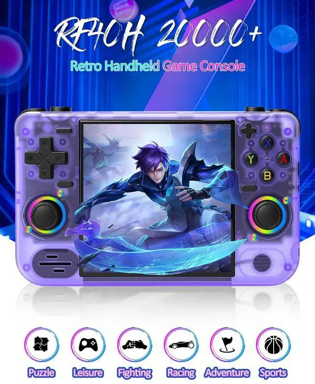 Alt view image 2 of 7 - RF40H Retro Handheld Game Console, 4.0" Retro Gaming Console, Built-in 20,000+ Classic Games, Supports WiFi Connection, Open Source Linux System, Portable Handheld Video Games (Purole)