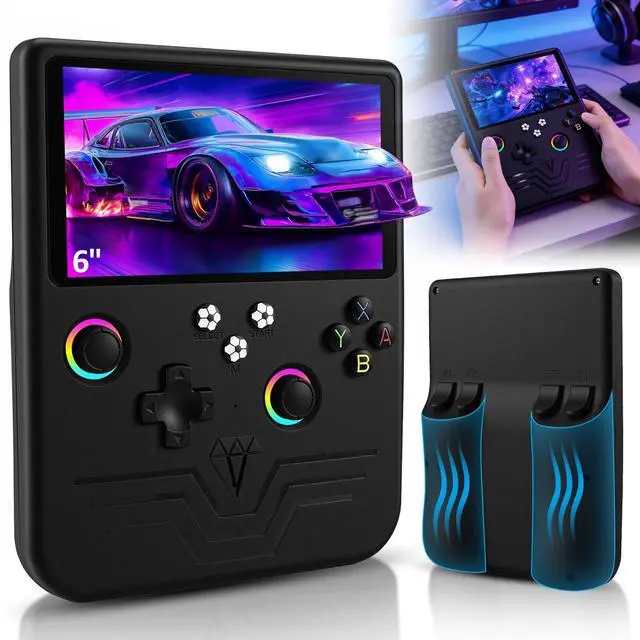 Main image of R60MAX Retro Handheld Game Console, 6.0 Inch HD IPS Screen, Retro Gaming Console Built-in 20000+Games, Portable Video Console, Linux System, Retro Game Consoles Ultra-Long Standby Time (Black 128GB)