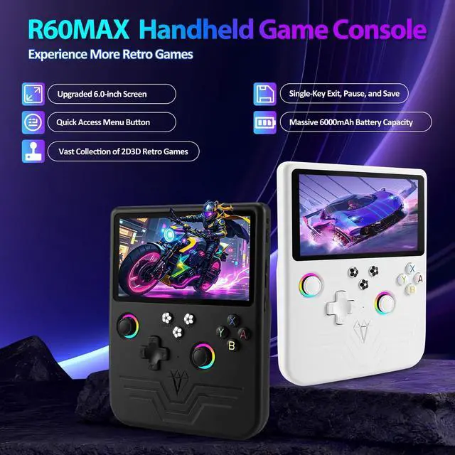Alt view image 2 of 7 - R60MAX Retro Handheld Game Console, 6.0 Inch HD IPS Screen, Retro Gaming Console Built-in 20000+Games, Portable Video Console, Linux System, Retro Game Consoles Ultra-Long Standby Time (Black 128GB)