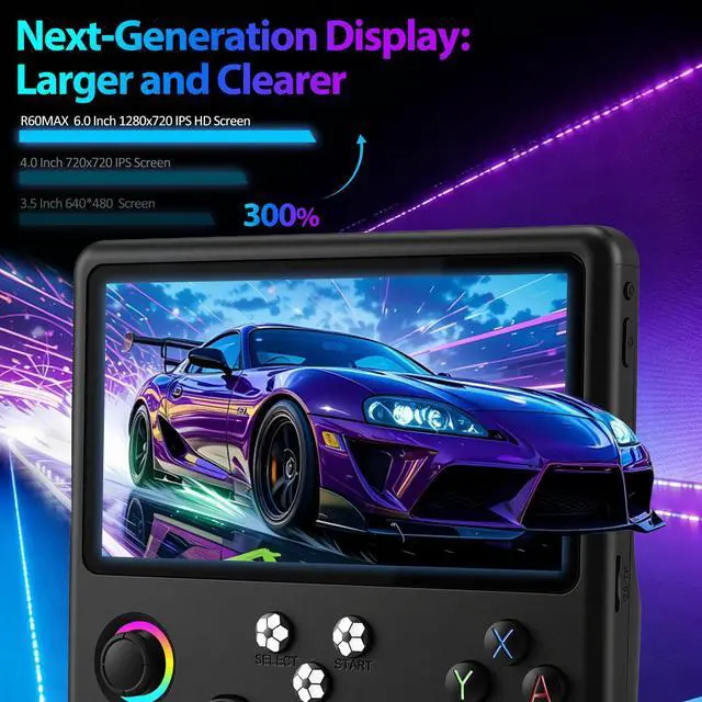 Alt view image 4 of 7 - R60MAX Retro Handheld Game Console, 6.0 Inch HD IPS Screen, Retro Gaming Console Built-in 20000+Games, Portable Video Console, Linux System, Retro Game Consoles Ultra-Long Standby Time (Black 128GB)