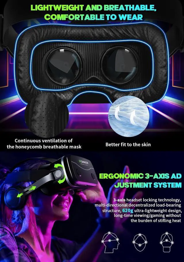 Alt view image 2 of 7 - All-in-One Smartphone VR Headset | Built-in Hi-Fi Headphones, 120° Wide FOV, Aspherical Lenses | The Ultimate 3D Movie & Mobile Gaming Kit
