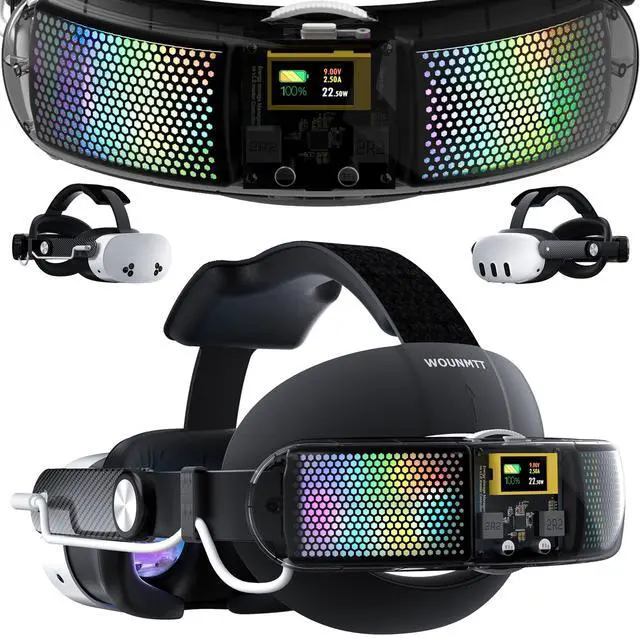 Main image of Head Strap with 10000mAh Battery for Meta Quest 3/3S Transparent RGB Lighting, Smart Power Display & Carbon Fiber Finish, Adjustable VR Headset Strap for Enhanced Comfort and Balance