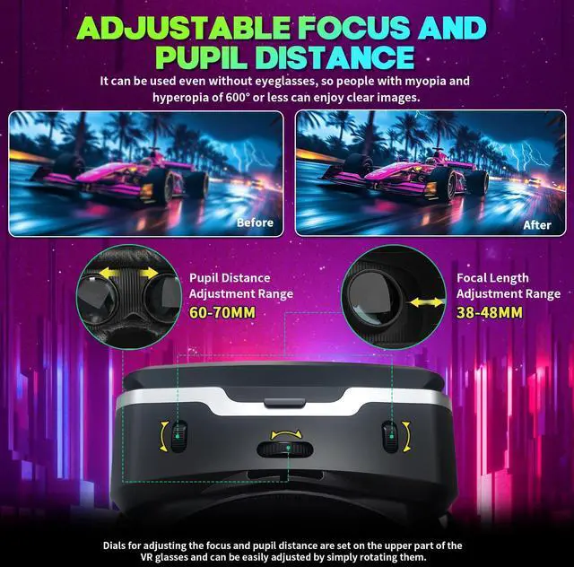 Alt view image 5 of 7 - VR Headset for Smartphones with Bluetooth Controller, Universal 4.7-7 inch iPhone Android Phone VR Glasses, HD Aspheric Optical Lens w/Adjustable Focus & Pupil Distance, Heat Dissipation Design