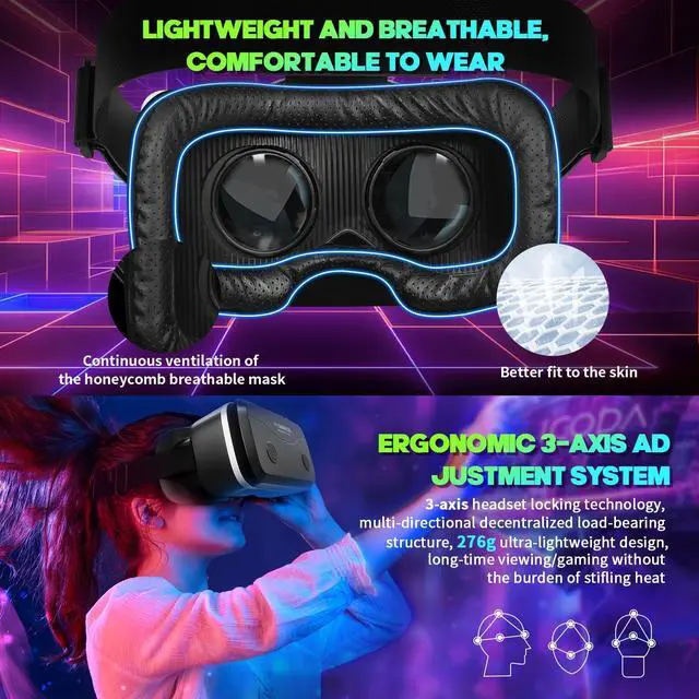 Alt view image 2 of 7 - VR Headset for Smartphones with Bluetooth Controller, Universal 4.7-7 inch iPhone Android Phone VR Glasses, HD Aspheric Optical Lens w/Adjustable Focus & Pupil Distance, Heat Dissipation Design