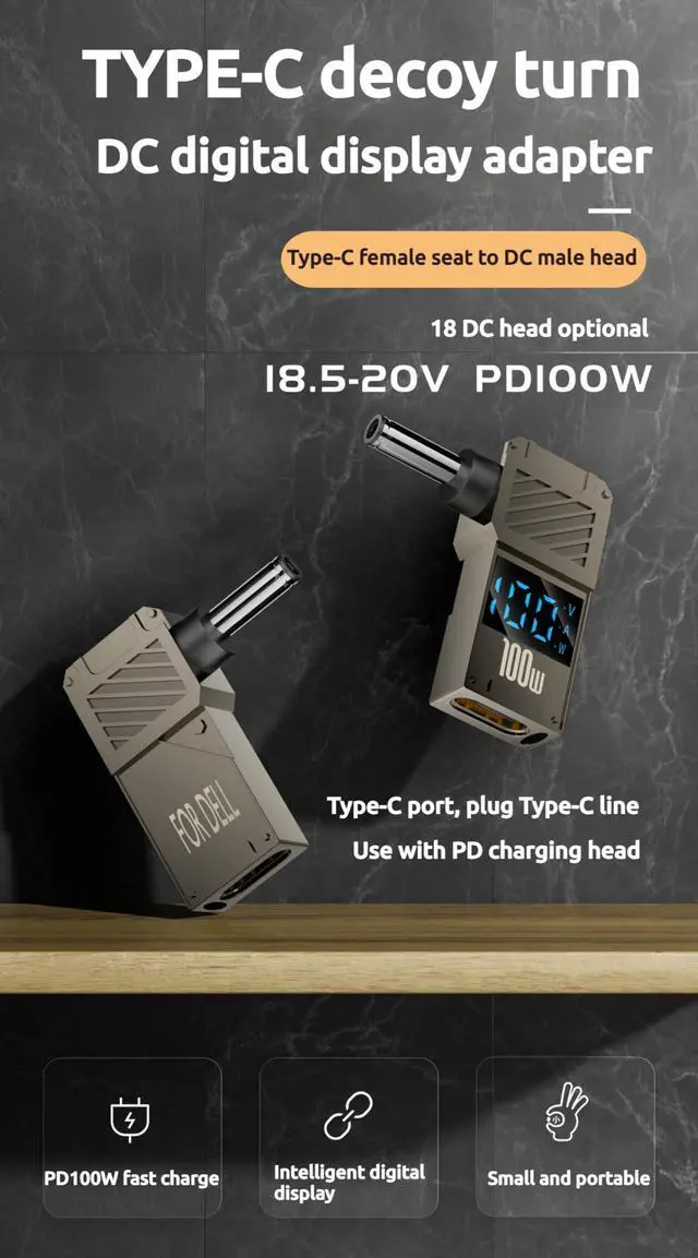 Alt view image 3 of 6 - 100W PD Power Charger Connector Tip (4.5 X 3.0mm Dell Small Head) with 100W/5A USB C Cable (1.5M)