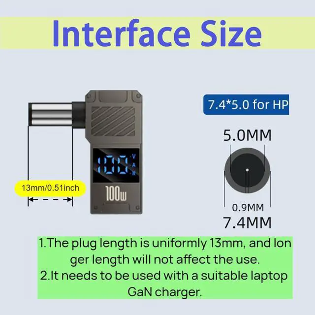 Alt view image 2 of 6 - 100W PD Power Charger Connector Tip (7.4 x 5.0mm HP Big Head) with 100W/5A USB C Cable (1.5M)