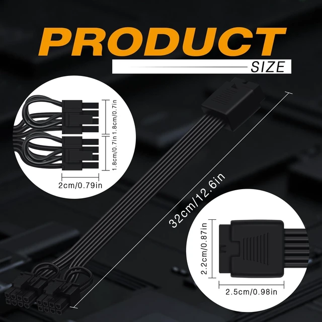 Alt view image 4 of 7 - 12VHPWR Cable Extension, 16 Pin Female to Dual 8 Pin(6+2) Male PCIe Conversion GPU Power Cable for Power Supply with 12+4pin 12VHPWR Port 11.8in (30cm) Black
