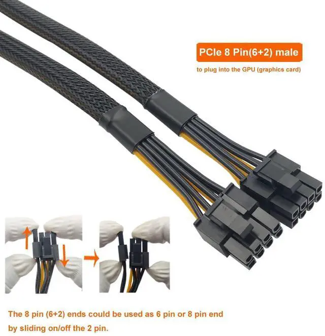 Alt view image 3 of 4 - 8 Pin PCIe Splitter Cable, GPU VGA 8 Pin Female to Dual 8 Pin (6+2) Male PCI Express Power Adapter Extension Sleeved 13-inch (33cm)