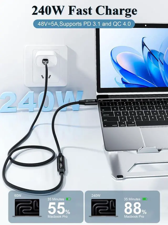Alt view image 2 of 7 - USB C Extension Cable 3.3FT 240W Fast Charge & 4K@60Hz Video Output, 20Gbps Data Sync USB 3.2 Gen 2 Type C Male to Female Extender Cord, Nylon Braided, for iPhone 17/16/15, PSVR2, MacBook, iPad