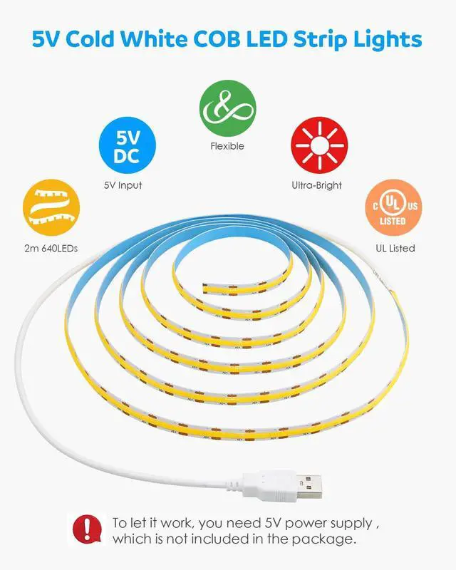 Alt view image 3 of 7 - USB COB LED Strip Lights for TV 5V USB Powered LED Tape Lights Daylight White 6.56FT 320Leds/M 6000K COB Flexible Light Strip TV Led Backlight for Bedroom Under Cabinet Kitchen DIY 400LM/m