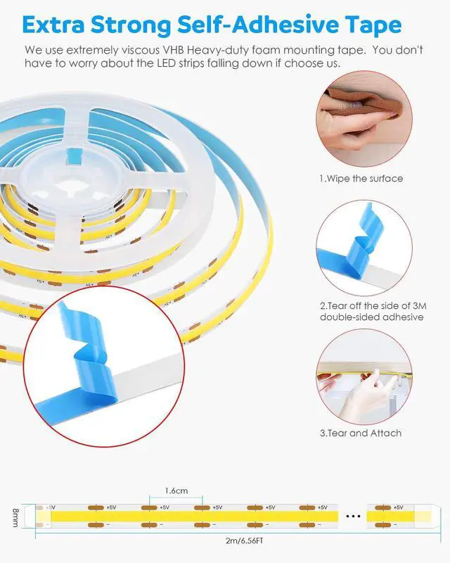 Alt view image 6 of 7 - USB COB LED Strip Lights for TV 5V USB Powered LED Tape Lights Daylight White 6.56FT 320Leds/M 6000K COB Flexible Light Strip TV Led Backlight for Bedroom Under Cabinet Kitchen DIY 400LM/m