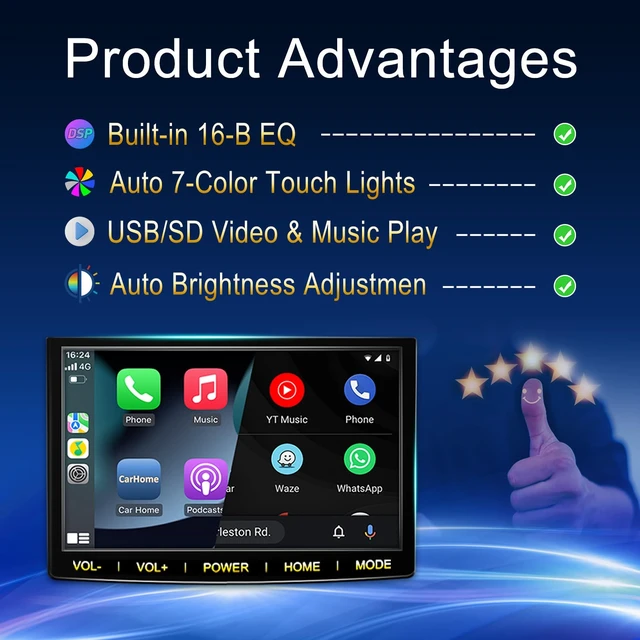 Alt view image 4 of 7 - 7-Inch Wireless Apple CarPlay & Android Auto Portable Car Screen, Auto Brightness Adjustment, Supports HD Video, with HD Backup Camera