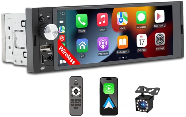 Main image of Single DIN Car Stereo with Wireless Apple CarPlay, Android Auto Car Radio | 6.36" IPS Touchscreen, Bluetooth 5.2, FM/AM RDS Radio, Backup Camera Support, Type-C & Dual USB, 4x60W Audio Output