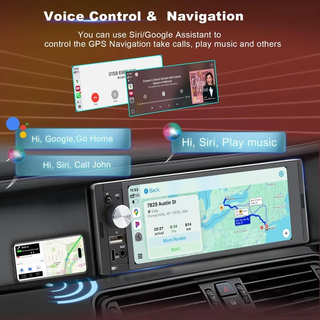 Alt view image 4 of 7 - Single DIN Car Stereo with Wireless Apple CarPlay, Android Auto Car Radio | 6.36" IPS Touchscreen, Bluetooth 5.2, FM/AM RDS Radio, Backup Camera Support, Type-C & Dual USB, 4x60W Audio Output