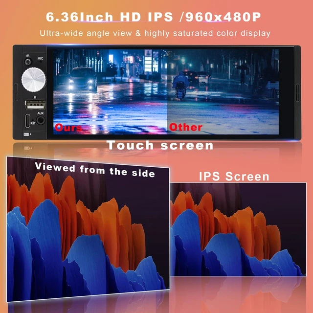 Alt view image 7 of 7 - Single DIN Car Stereo with Wireless Apple CarPlay, Android Auto Car Radio | 6.36" IPS Touchscreen, Bluetooth 5.2, FM/AM RDS Radio, Backup Camera Support, Type-C & Dual USB, 4x60W Audio Output