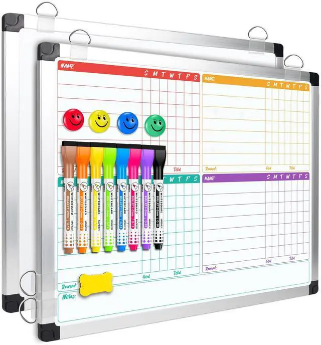 Main image of 16 x 12.6 in Magnetic Dry Erase Chore Chart & Whiteboard for Multiple Kids/Teens/Adults, Double Sided Chore Board Weekly Calendar for Wall, Aluminum Frame, 8 Markers, 4 Magnetic Pins, 1 Eraser