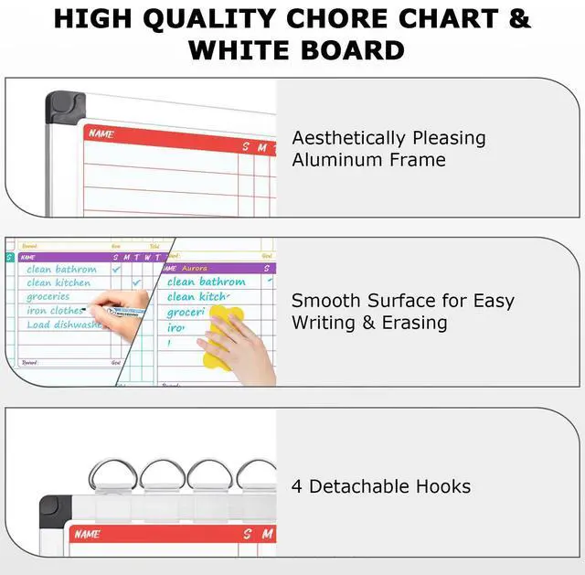Alt view image 4 of 7 - 16 x 12.6 in Magnetic Dry Erase Chore Chart & Whiteboard for Multiple Kids/Teens/Adults, Double Sided Chore Board Weekly Calendar for Wall, Aluminum Frame, 8 Markers, 4 Magnetic Pins, 1 Eraser
