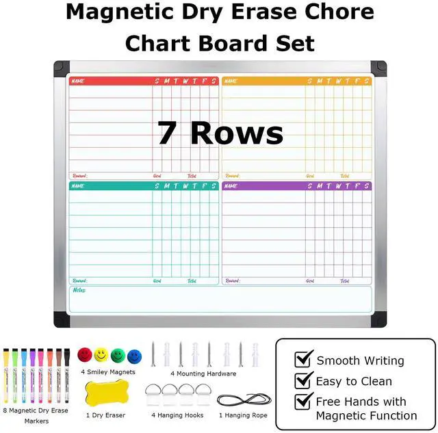 Alt view image 5 of 7 - 16 x 12.6 in Magnetic Dry Erase Chore Chart & Whiteboard for Multiple Kids/Teens/Adults, Double Sided Chore Board Weekly Calendar for Wall, Aluminum Frame, 8 Markers, 4 Magnetic Pins, 1 Eraser