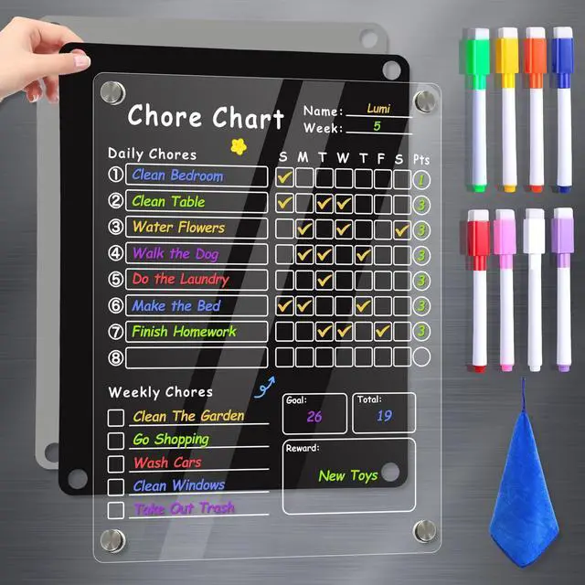 Main image of Acrylic Magnetic Chore Chart for Kids, Chore Board, Dry Erase Chore Chart, 12"x9.5" Transparent Erasable Reward Chart for Teens and Adults Chore Checklist with 6 Markers and Towel
