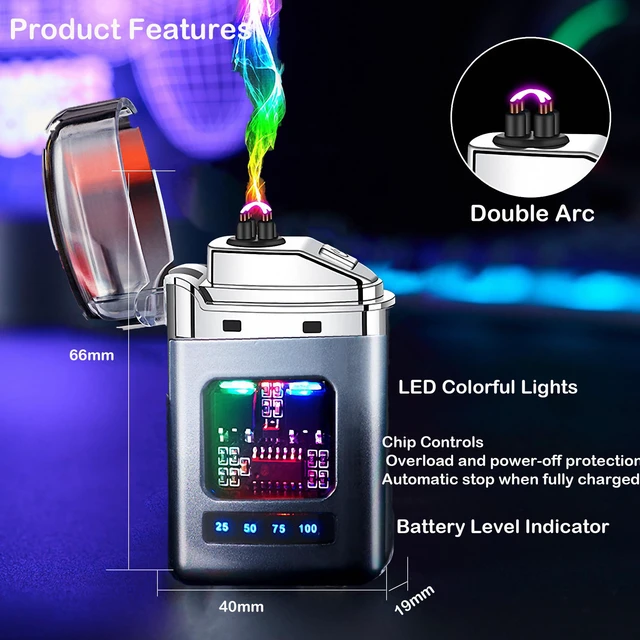 Alt view image 3 of 6 - Advanced Small Electric Lighter Double Arc Flameless Rechargeable Windproof with Transparent Shell and LED Display,Silver-Black Color