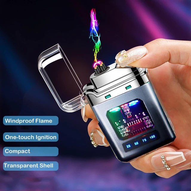 Alt view image 2 of 6 - Advanced Small Electric Lighter Double Arc Flameless Rechargeable Windproof with Transparent Shell and LED Display,Silver-Black Color