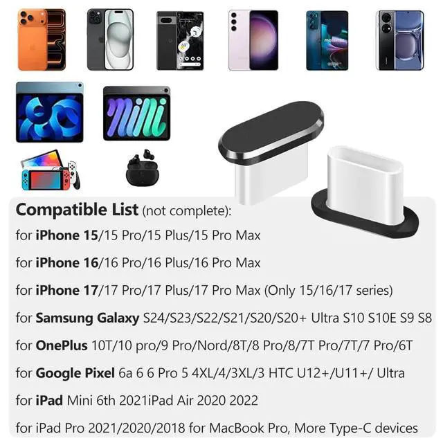 Alt view image 2 of 7 - USB C Dust Plug, 4 Pack Type C Anti Dust Plug Cover Charging Port Protector Cap with Cleaning Brush for iPhone 17, 16, 15 Series, Samsung Galaxy S22/S21/S20, Note 20/10, All USB C Devices