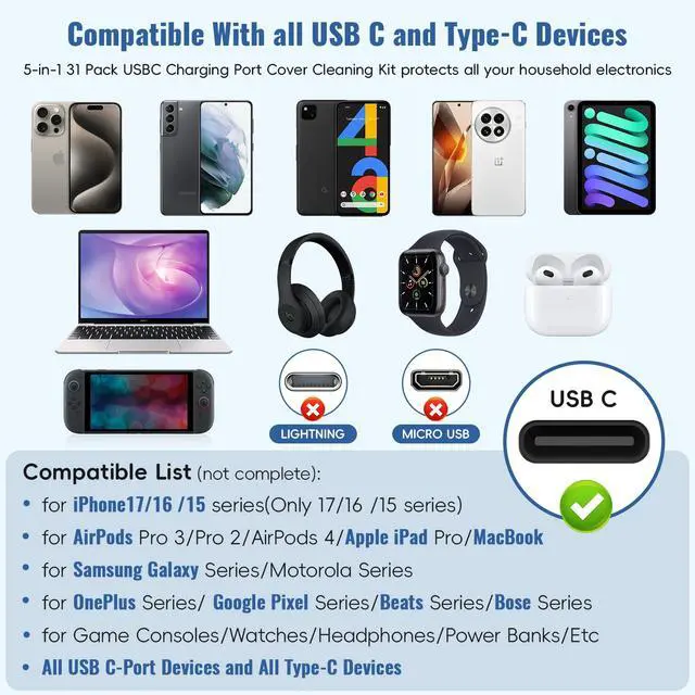 Alt view image 3 of 6 - Silicone USB C Dust Plug with Phone Speaker Cover,5-in-1 31 Pack Charging Port Cover Cleaning Kit,Type C Anti Dust Plug for iPhone 15/16/17/Samsung Galaxy/One Plus/Google Pixel/All USB C-Port Devices