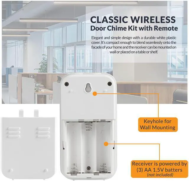 Alt view image 4 of 7 - WCMB White Battery-Powered Wireless Door Chime Kit | Battery-Operated Doorbell Chime | Ring Doorbell for Classroom, Home, and Office | Adjustable Volume and Expanded Chime Selection
