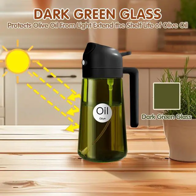 Alt view image 2 of 7 - 16oz/470ml Light-Blocking Dark Oil Sprayer for Cooking, 2 in 1 Olive Oil Dispenser Bottle for Kitchen, Premium Dark Green Glass Oil Bottle, Food-Grade Oil Mister for Air Fryer, BBQ (Black)