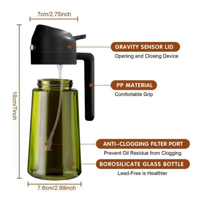 Alt view image 7 of 7 - 16oz/470ml Light-Blocking Dark Oil Sprayer for Cooking, 2 in 1 Olive Oil Dispenser Bottle for Kitchen, Premium Dark Green Glass Oil Bottle, Food-Grade Oil Mister for Air Fryer, BBQ (Black)