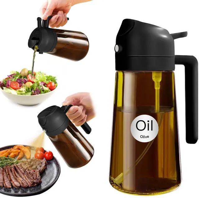Main image of 16oz/470ml Light Blocking Oil Sprayer for Cooking with Stickers, Food-Grade 2 in 1 Olive Oil Dispenser Bottle for Kitchen, Premium Dark Amber Glass Oil Bottle for Air Fryer, BBQ (Black)