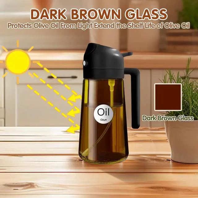 Alt view image 2 of 7 - 16oz/470ml Light Blocking Oil Sprayer for Cooking with Stickers, Food-Grade 2 in 1 Olive Oil Dispenser Bottle for Kitchen, Premium Dark Amber Glass Oil Bottle for Air Fryer, BBQ (Black)