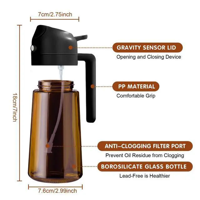 Alt view image 7 of 7 - 16oz/470ml Light Blocking Oil Sprayer for Cooking with Stickers, Food-Grade 2 in 1 Olive Oil Dispenser Bottle for Kitchen, Premium Dark Amber Glass Oil Bottle for Air Fryer, BBQ (Black)