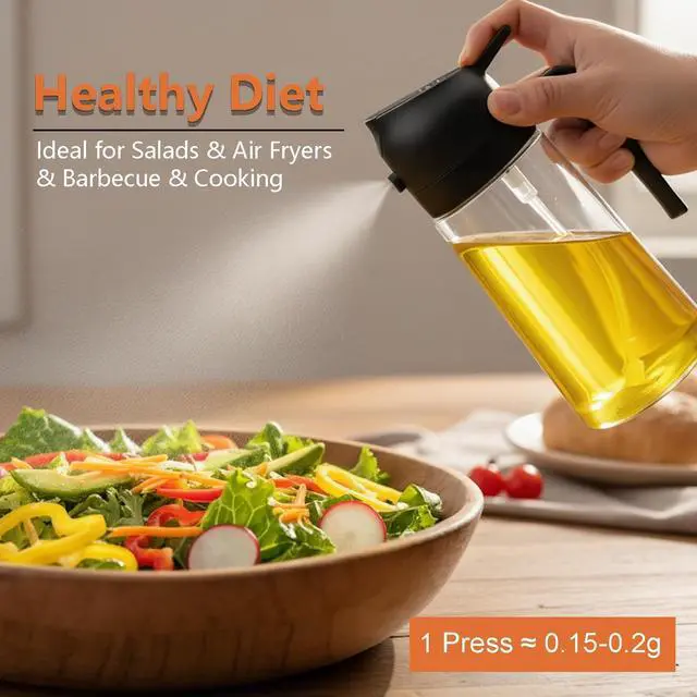 Alt view image 2 of 7 - 16oz/470ml Glass Olive Oil Sprayer for Cooking - 2 in 1 Olive Oil Dispenser Bottle Spray and Pour for Kitchen Gadgets Cooking Air Fryer Salad BBQ (Black)
