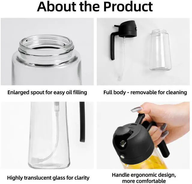Alt view image 5 of 7 - 16oz/470ml Glass Olive Oil Sprayer for Cooking - 2 in 1 Olive Oil Dispenser Bottle Spray and Pour for Kitchen Gadgets Cooking Air Fryer Salad BBQ (Black)