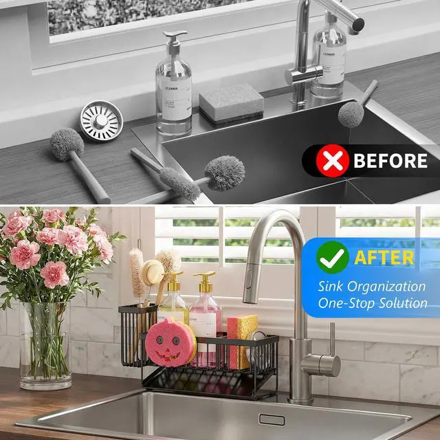 Alt view image 3 of 4 - Sponge Holder for Kitchen Sink, Smiley Face Sink Caddy with Removable Brush Holder,Self-Draining Sponge Caddy for Sponge,Soap,Dish Brush,Scrubber,Kitchen Essentials and Gadgets