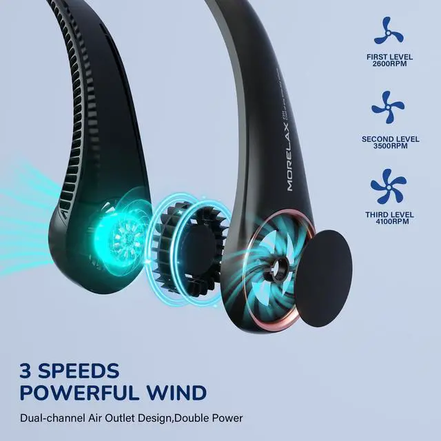 Alt view image 3 of 7 - Portable Neck Fan Rechargeable, Personal Neck Cooling Fan, Hands Free Bladeless Fan, Ultra Quiet, 3 Speeds Adjustable Strong Wind, 4000 mAh Battery Operated, Gifts for Men Women Mom Dad(Black), Small
