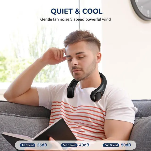 Alt view image 6 of 7 - Portable Neck Fan Rechargeable, Personal Neck Cooling Fan, Hands Free Bladeless Fan, Ultra Quiet, 3 Speeds Adjustable Strong Wind, 4000 mAh Battery Operated, Gifts for Men Women Mom Dad(Black), Small