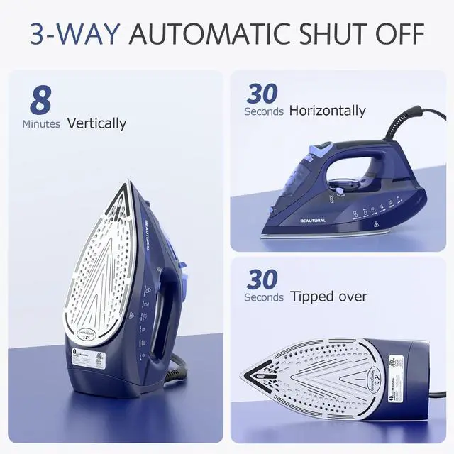 Alt view image 5 of 6 - Steam Iron for Clothes with Precision Thermostat Dial, Ceramic Coated Soleplate, 3-Way Auto-Off, Self-Cleaning, Anti-Calcium, Anti-Drip Blue