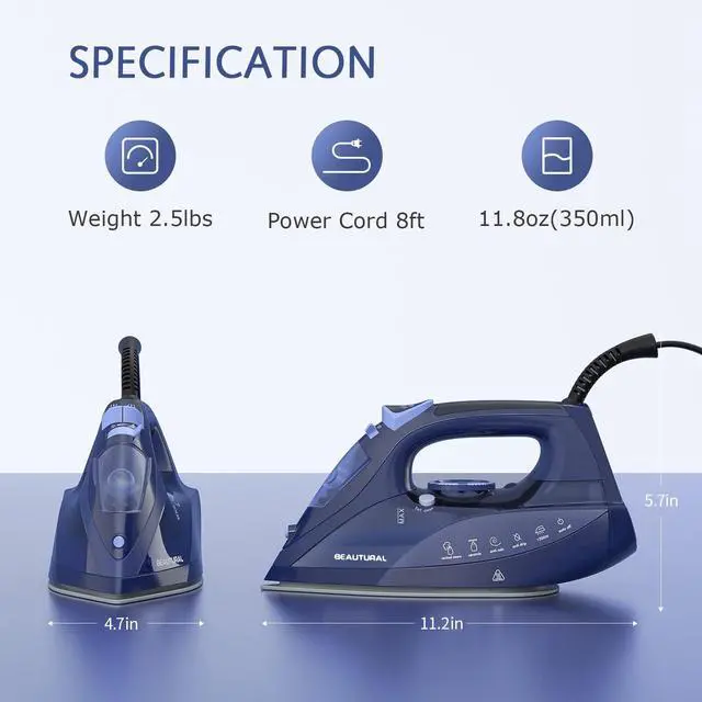 Alt view image 6 of 6 - Steam Iron for Clothes with Precision Thermostat Dial, Ceramic Coated Soleplate, 3-Way Auto-Off, Self-Cleaning, Anti-Calcium, Anti-Drip Blue