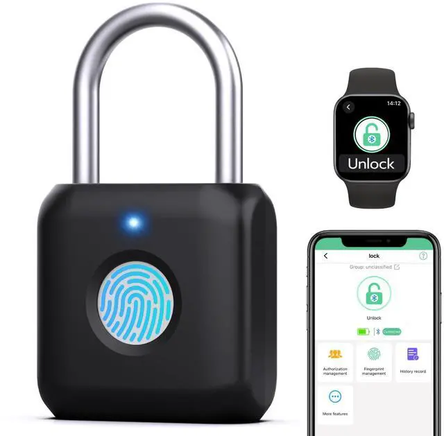 Main image of Fingerprint Padlock,Gym Locker Lock,Smart Padlock Bluetooth APP Control,Fingerprint Lock USB Rechargeable for Gym Locker,Locker, School,Storage Black