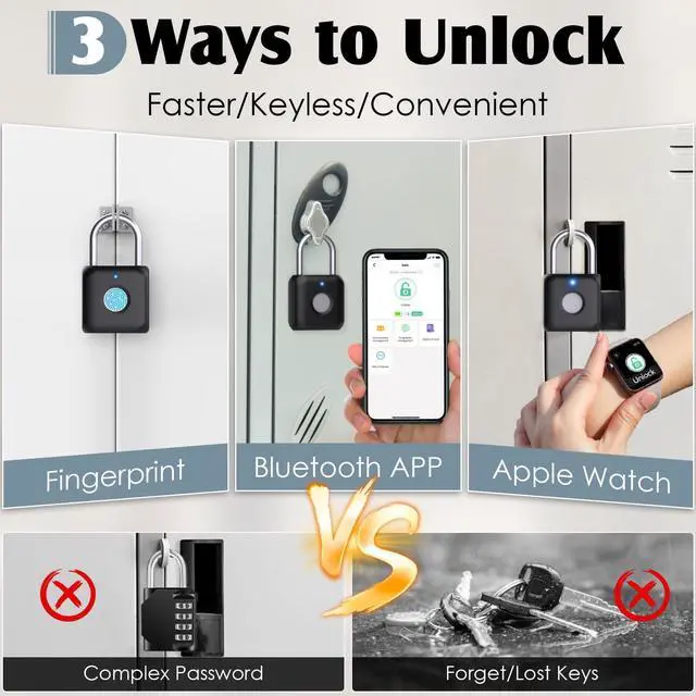 Alt view image 2 of 7 - Fingerprint Padlock,Gym Locker Lock,Smart Padlock Bluetooth APP Control,Fingerprint Lock USB Rechargeable for Gym Locker,Locker, School,Storage Black