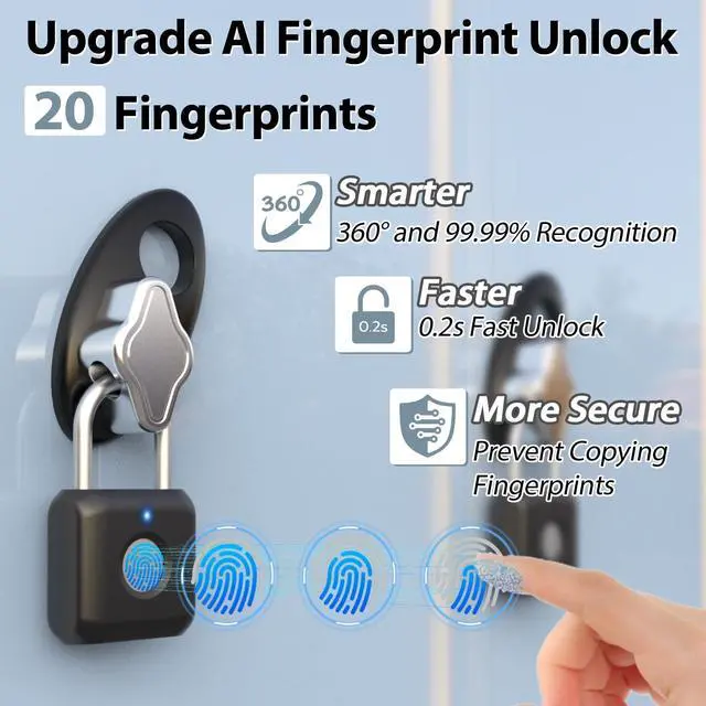 Alt view image 3 of 7 - Fingerprint Padlock,Gym Locker Lock,Smart Padlock Bluetooth APP Control,Fingerprint Lock USB Rechargeable for Gym Locker,Locker, School,Storage Black