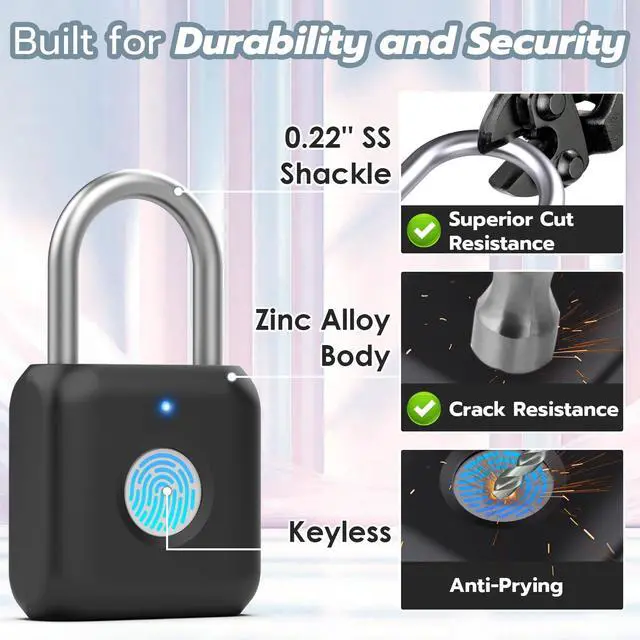 Alt view image 4 of 7 - Fingerprint Padlock,Gym Locker Lock,Smart Padlock Bluetooth APP Control,Fingerprint Lock USB Rechargeable for Gym Locker,Locker, School,Storage Black