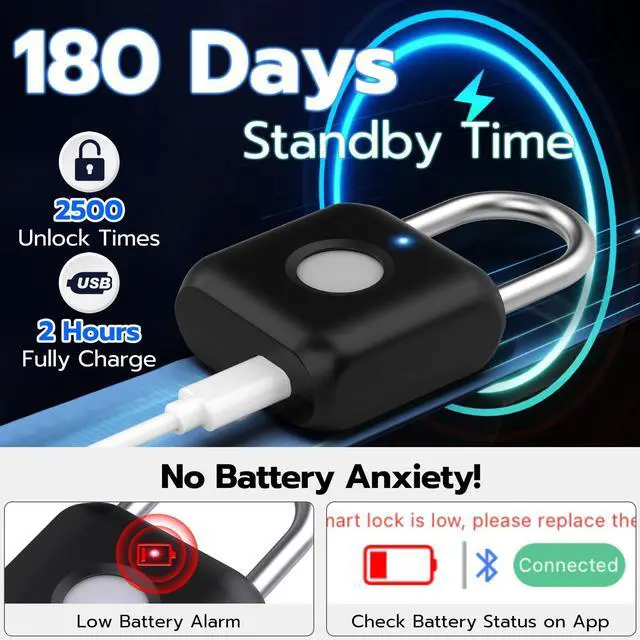 Alt view image 5 of 7 - Fingerprint Padlock,Gym Locker Lock,Smart Padlock Bluetooth APP Control,Fingerprint Lock USB Rechargeable for Gym Locker,Locker, School,Storage Black