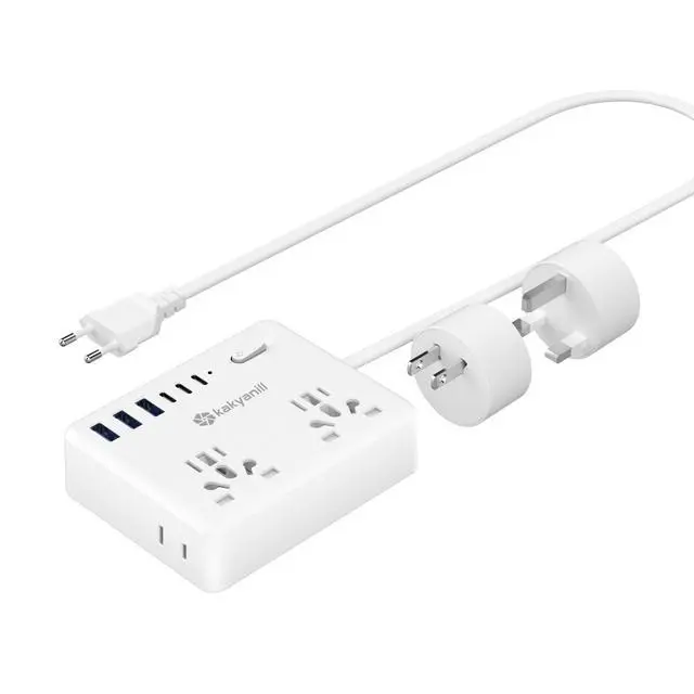 Main image of Universal Travel Adapter, European Travel Plug Adapter, EU/UK/AU/Plug Adapter, 4 AC Outlets, 6 USB Ports (3 USB C), 5ft Flat Extension Cord, Compact for Travel