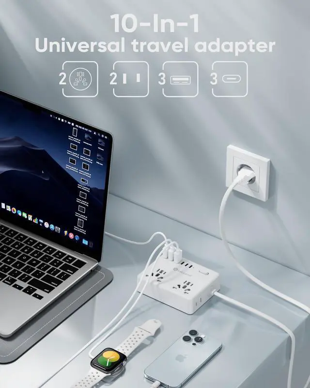 Alt view image 2 of 6 - Universal Travel Adapter, European Travel Plug Adapter, EU/UK/AU/Plug Adapter, 4 AC Outlets, 6 USB Ports (3 USB C), 5ft Flat Extension Cord, Compact for Travel