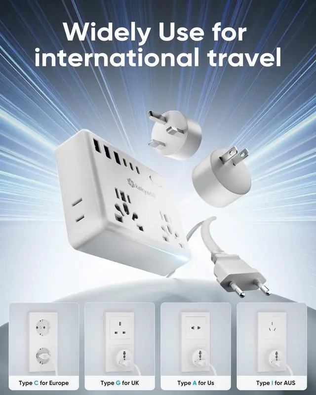 Alt view image 5 of 6 - Universal Travel Adapter, European Travel Plug Adapter, EU/UK/AU/Plug Adapter, 4 AC Outlets, 6 USB Ports (3 USB C), 5ft Flat Extension Cord, Compact for Travel